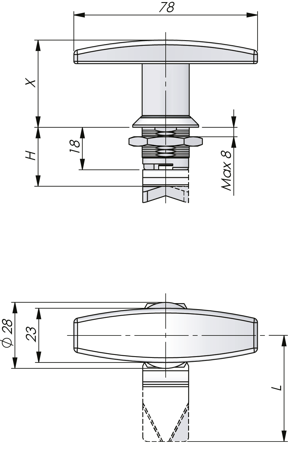 Quarter-turn T-handle Stainless Steel 18 mm