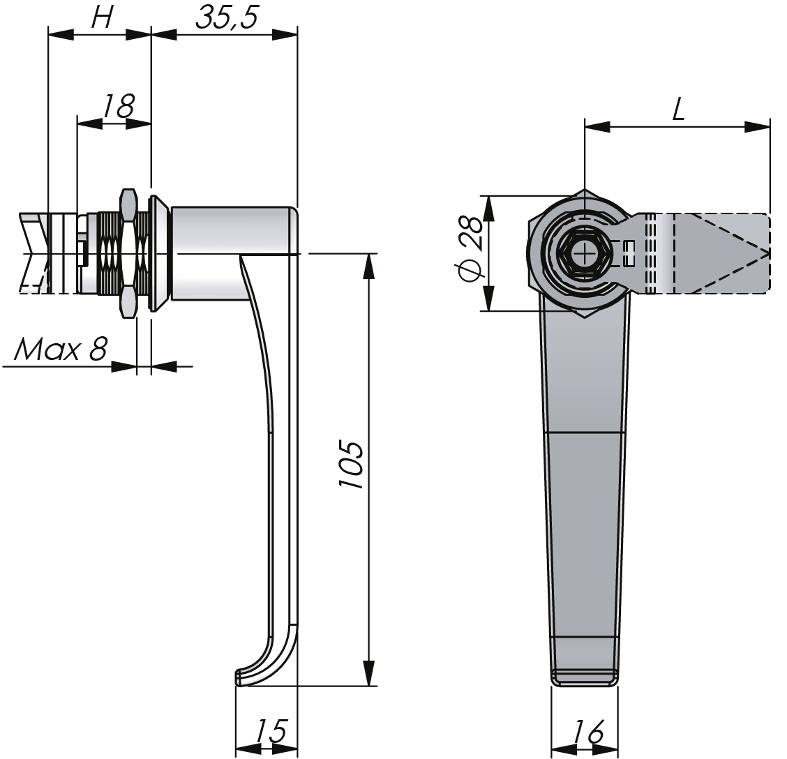 Quarter-turn L-handle Stainless Steel 18 mm