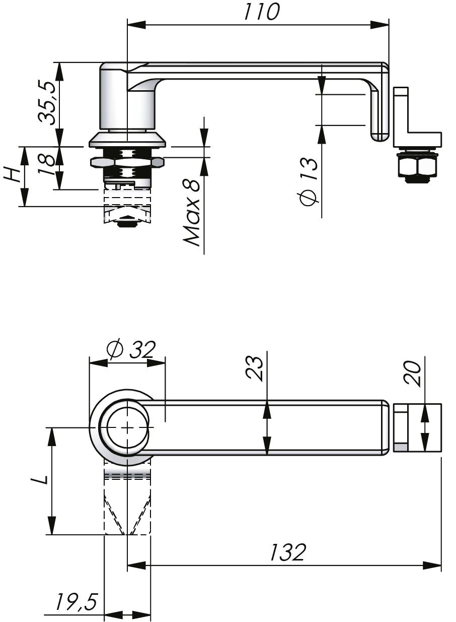 Quarter-turn L-handle Stainless Steel 18 mm